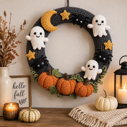 Crochet Halloween Wreath, Handmade Ghost Pumpkin Bat Door Decor, Halloween Welcome Door Sign, Halloween Door Hanger