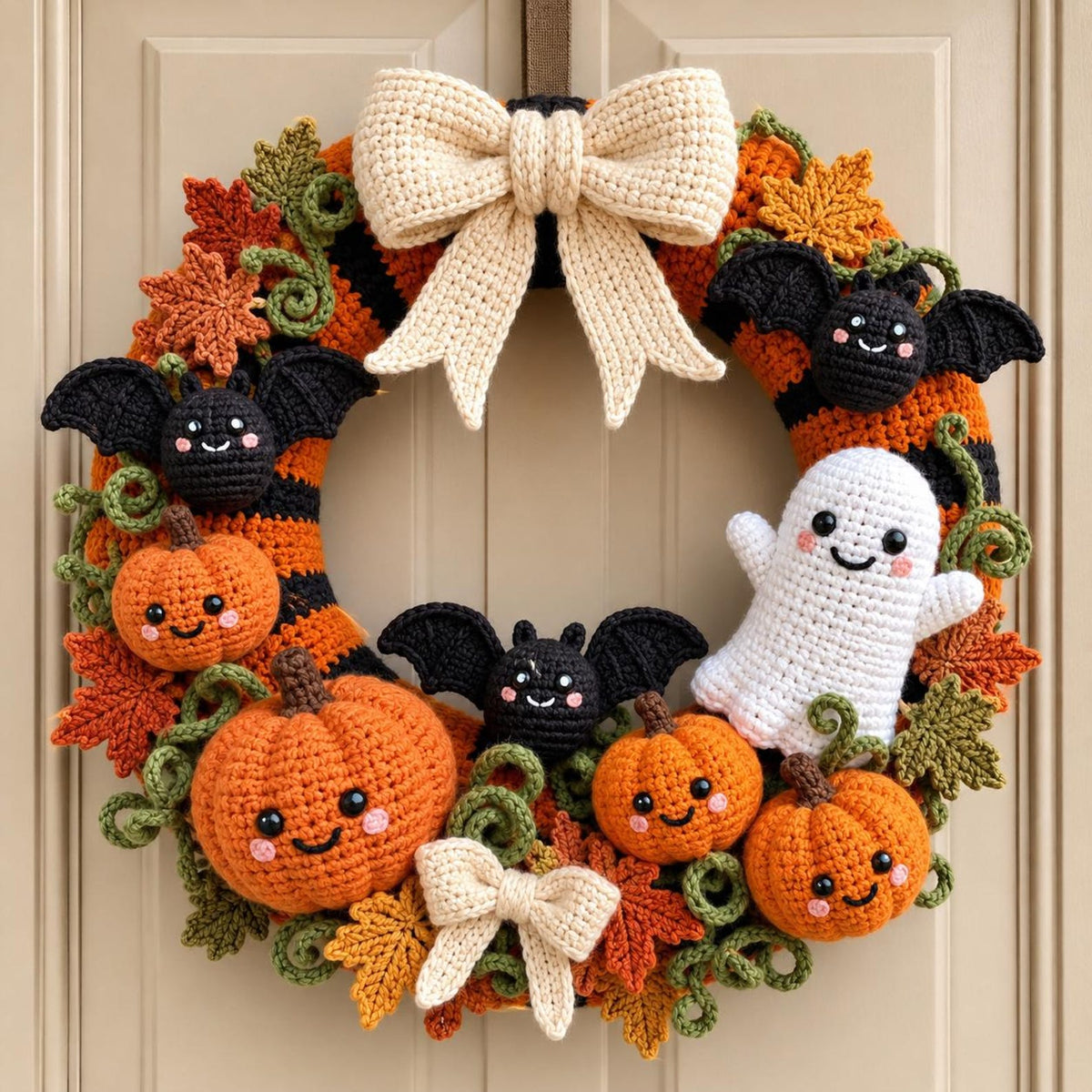 Crochet Halloween Wreath, Handmade Ghost Pumpkin Bat Door Decor, Halloween Welcome Door Sign, Halloween Door Hanger