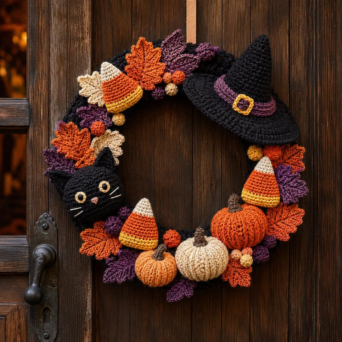 Crochet Halloween Wreath, Handmade Ghost Pumpkin Bat Door Decor, Halloween Welcome Door Sign, Halloween Door Hanger