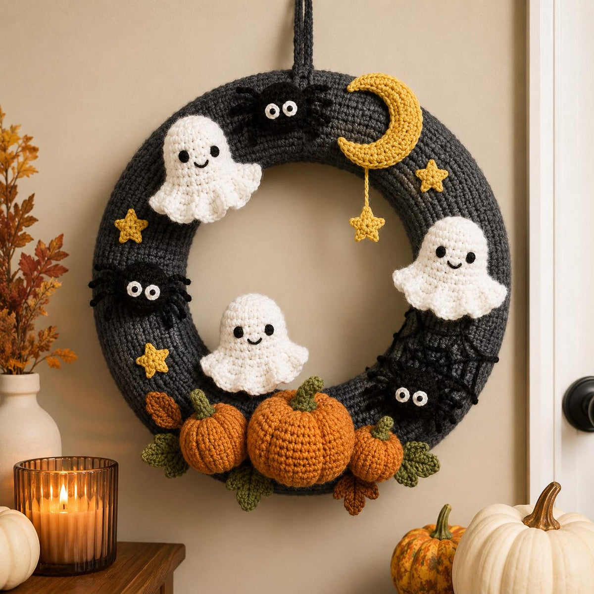 Crochet Halloween Wreath, Handmade Ghost Pumpkin Bat Door Decor, Halloween Welcome Door Sign, Halloween Door Hanger