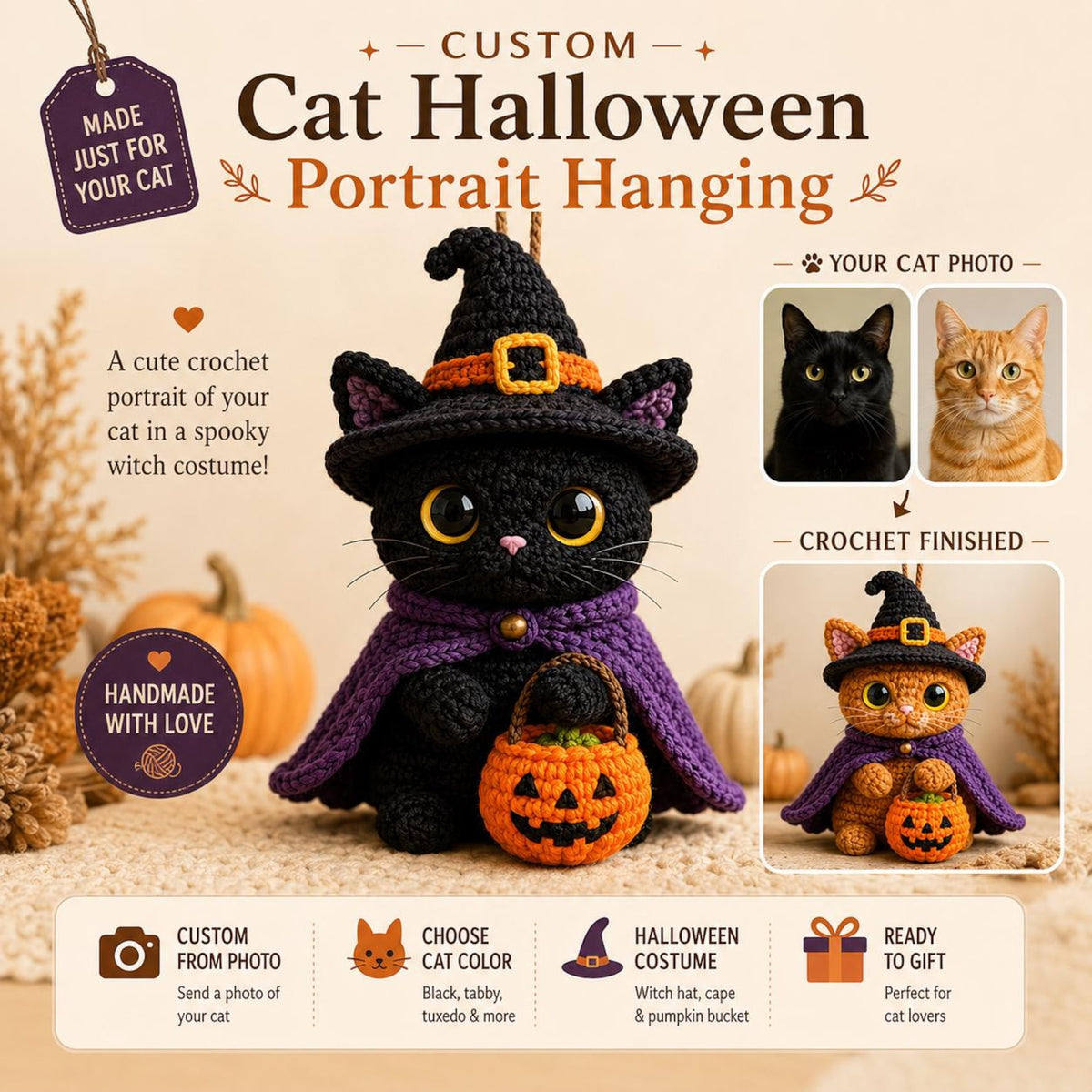 Custom Halloween Pet Portrait Crochet Plush From Photo, Personalized Dog Cat Witch Car Charm, Spooky Pumpkin Bag Clip, Pet Lover Gift
