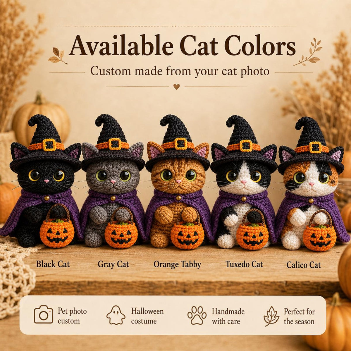 Custom Halloween Pet Portrait Crochet Plush From Photo, Personalized Dog Cat Witch Car Charm, Spooky Pumpkin Bag Clip, Pet Lover Gift