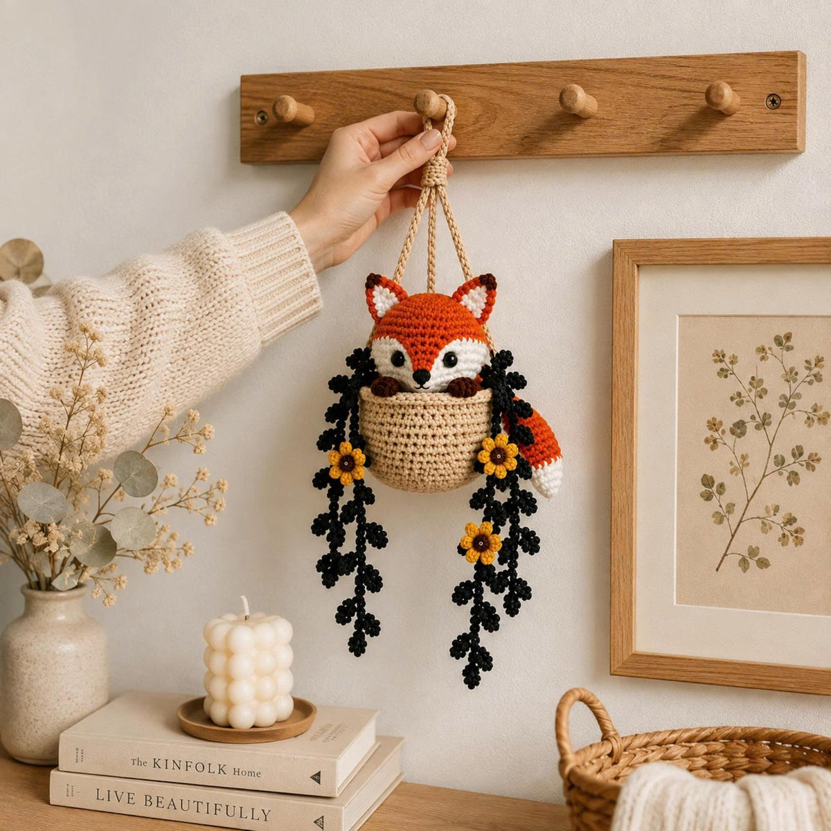 Crochet Halloween Fox Car Hanging, Spooky Witch Fox Rearview Mirror Charm, Pumpkin Basket Car Decor, Cute Halloween Gift, Fall Fox Ornament