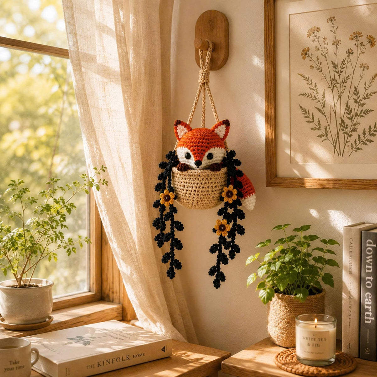 Crochet Halloween Fox Car Hanging, Spooky Witch Fox Rearview Mirror Charm, Pumpkin Basket Car Decor, Cute Halloween Gift, Fall Fox Ornament