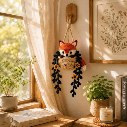 Crochet Halloween Fox Car Hanging, Spooky Witch Fox Rearview Mirror Charm, Pumpkin Basket Car Decor, Cute Halloween Gift, Fall Fox Ornament