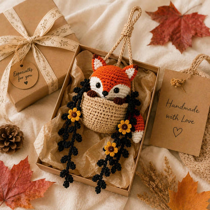 Crochet Halloween Fox Car Hanging, Spooky Witch Fox Rearview Mirror Charm, Pumpkin Basket Car Decor, Cute Halloween Gift, Fall Fox Ornament