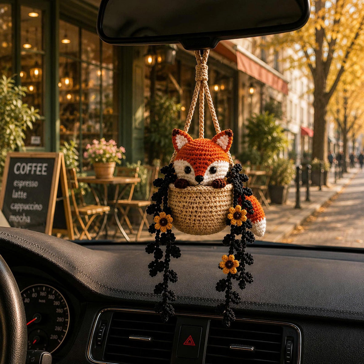Crochet Halloween Fox Car Hanging, Spooky Witch Fox Rearview Mirror Charm, Pumpkin Basket Car Decor, Cute Halloween Gift, Fall Fox Ornament