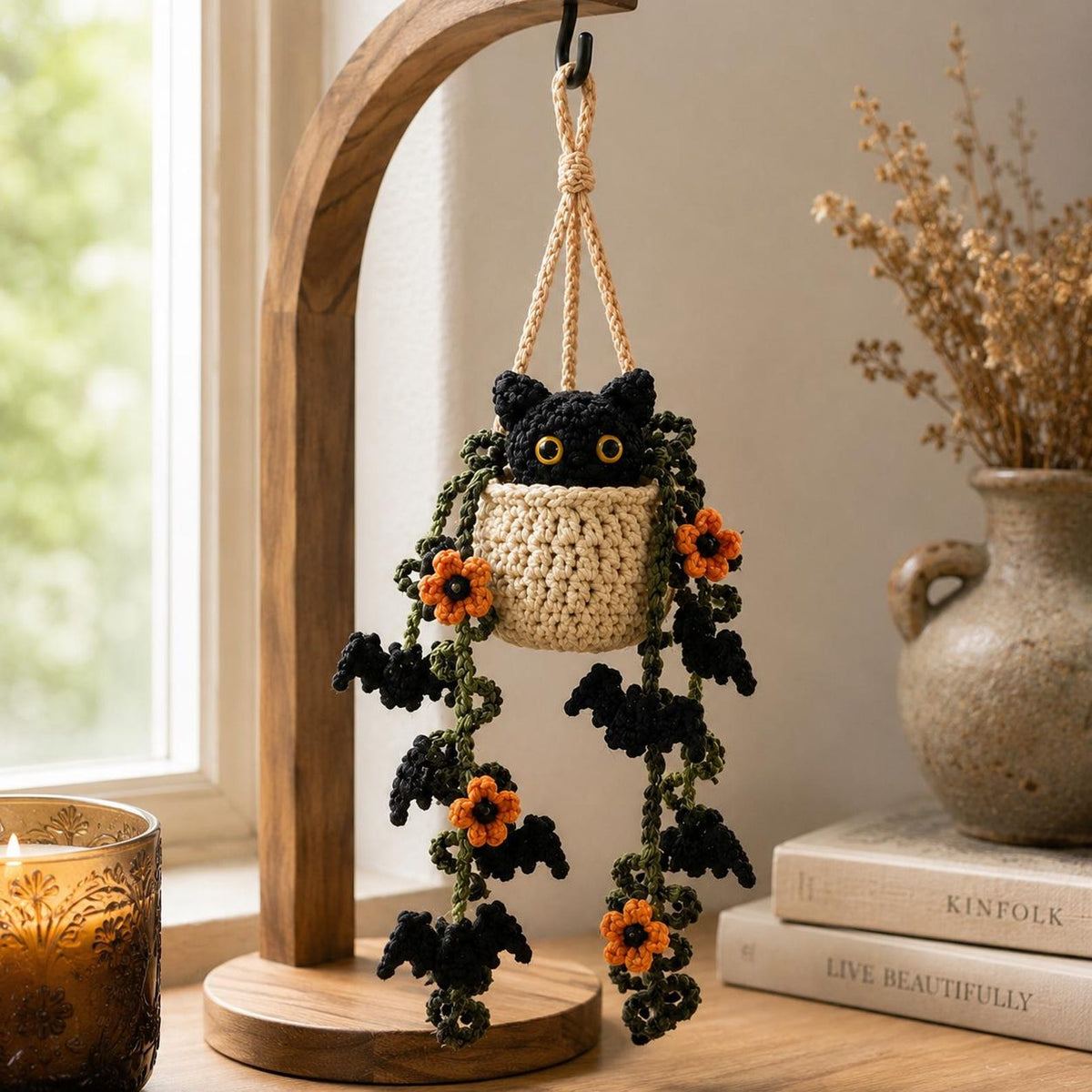 Crochet Halloween Black Cat Plant Car Hanging, Bat Vine Car Charm, Spooky Cute Halloween Car Decor, Handmade Plant Lover Gift