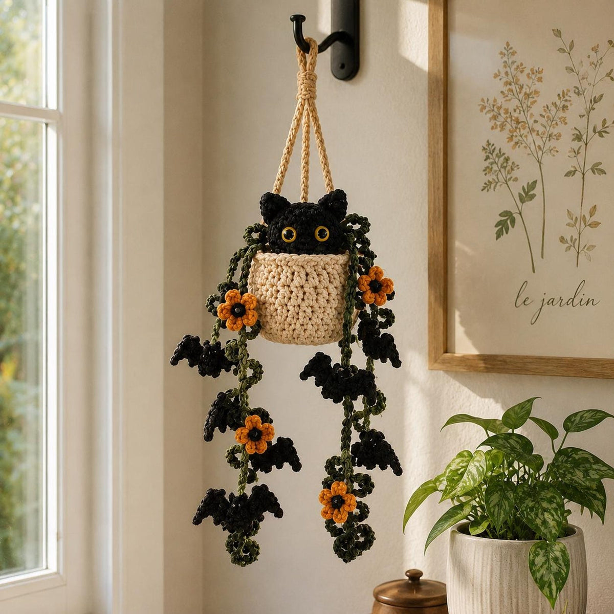 Crochet Halloween Black Cat Plant Car Hanging, Bat Vine Car Charm, Spooky Cute Halloween Car Decor, Handmade Plant Lover Gift