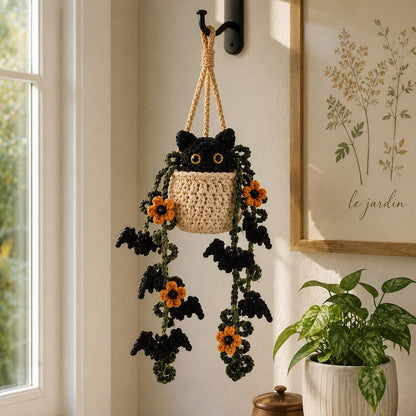 Crochet Halloween Black Cat Plant Car Hanging, Bat Vine Car Charm, Spooky Cute Halloween Car Decor, Handmade Plant Lover Gift