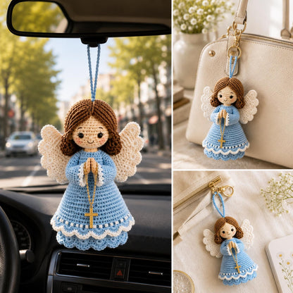 Handmade Crochet Guardian Angel Doll, Handmade Angel Figurine, Prayer Angel Decor, Religious Gift for Mom Daughter, Car Mirror Hanging
