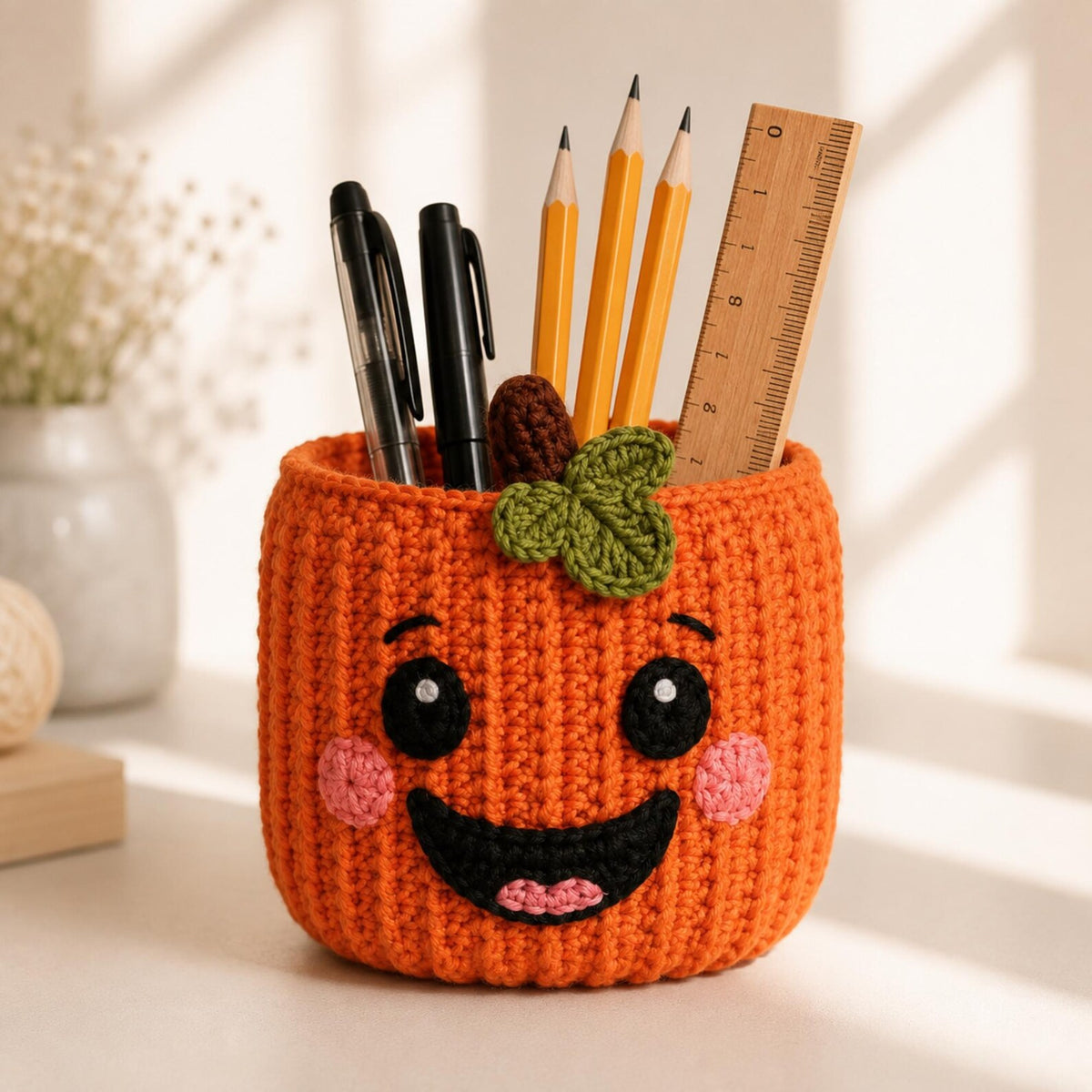 Crochet Pumpkin Pencil Holder, Halloween Desk Organizer, Cute Pumpkin Pen Cup, Fall Desk Decor, Teacher Gift, Handmade Crochet