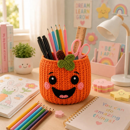 Crochet Pumpkin Pencil Holder, Halloween Desk Organizer, Cute Pumpkin Pen Cup, Fall Desk Decor, Teacher Gift, Handmade Crochet
