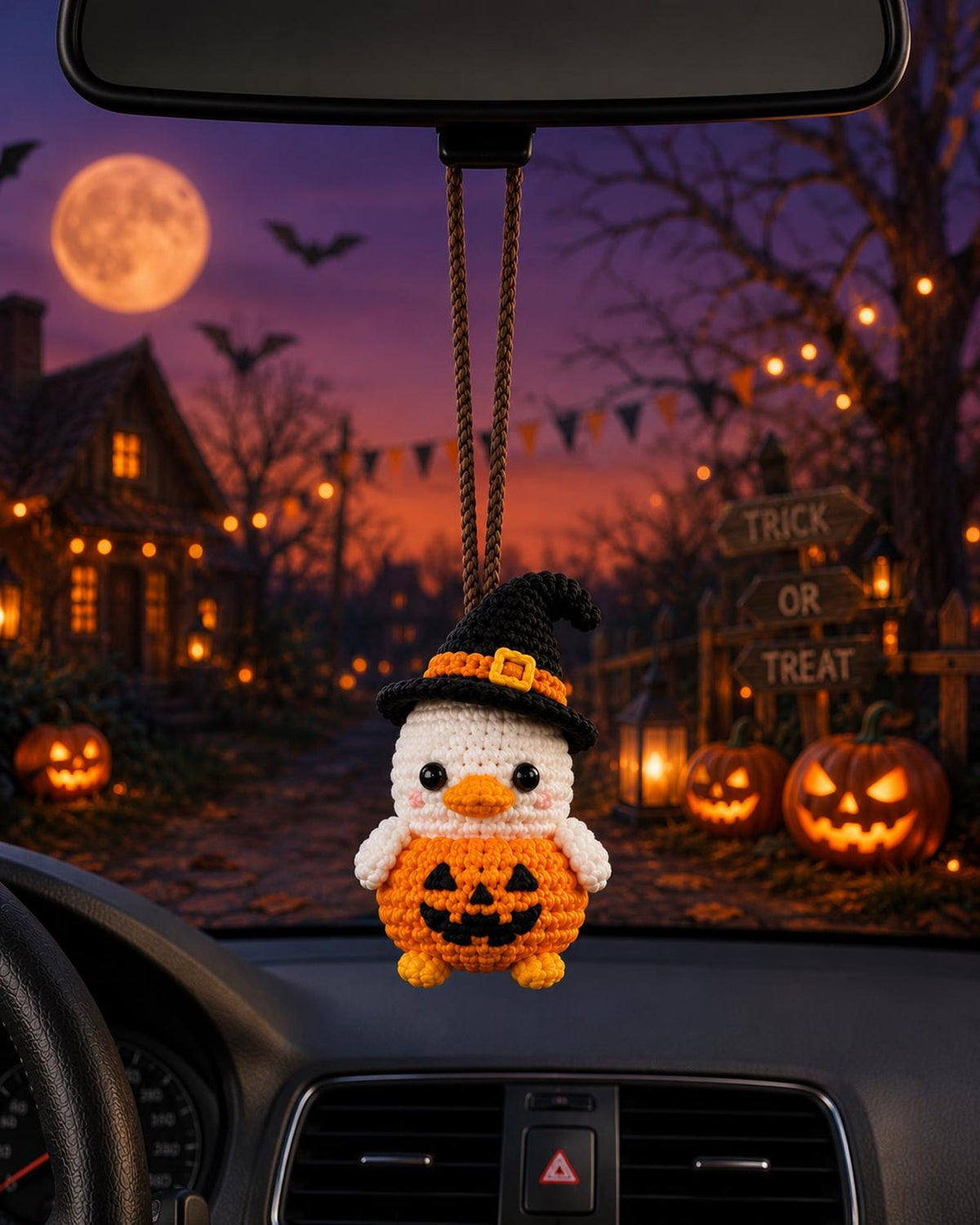 Crochet Halloween Duck Car Mirror Charm, Pumpkin Duck Hanging Ornament, Cute Amigurumi Rear View Mirror Decor, Cute Halloween Gift
