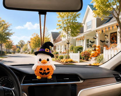 Crochet Halloween Duck Car Mirror Charm, Pumpkin Duck Hanging Ornament, Cute Amigurumi Rear View Mirror Decor, Cute Halloween Gift