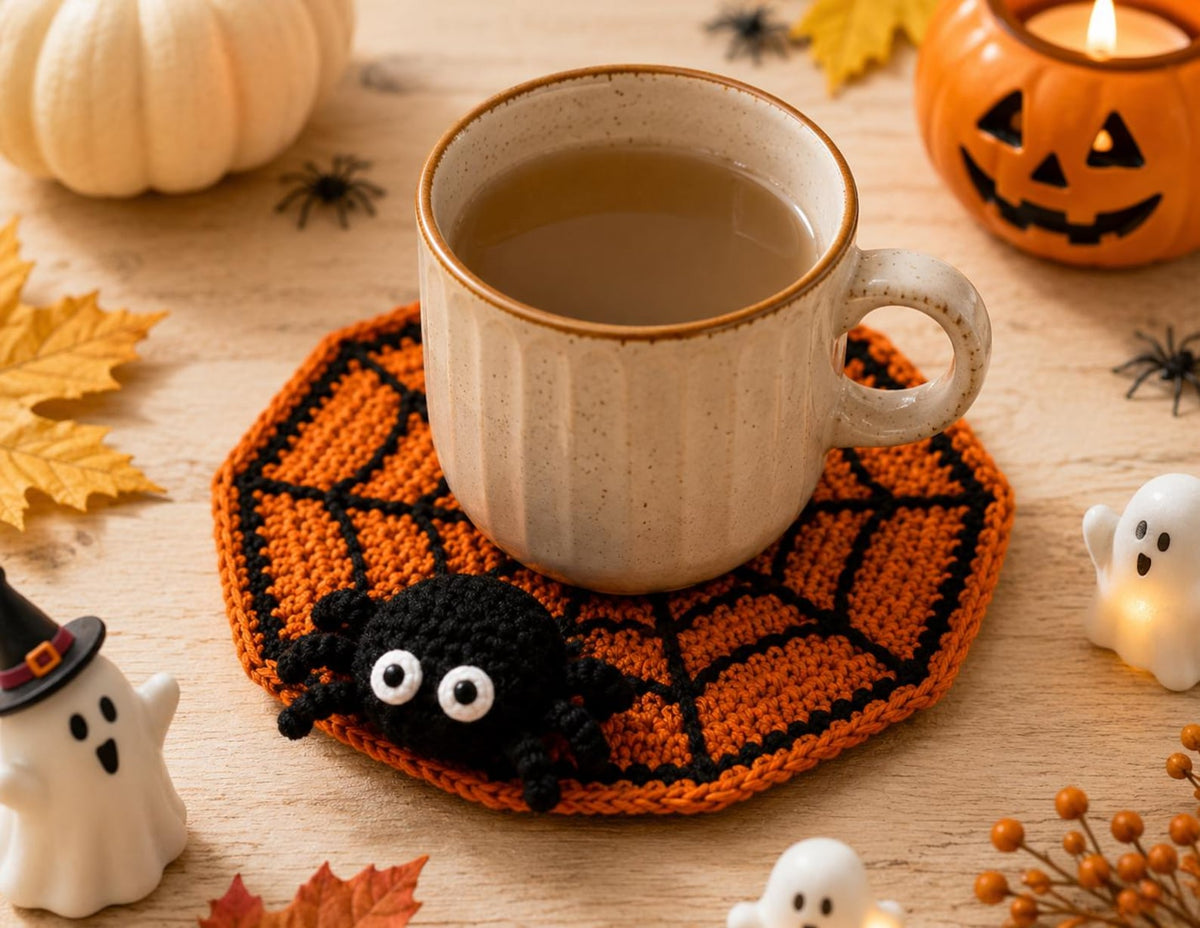 Halloween Crochet Spider Web Coaster,Spider Coaster with Cute Spider, Fall Home Decor,SpookyHalloween Table Decor, Handmade Spider Coasters,