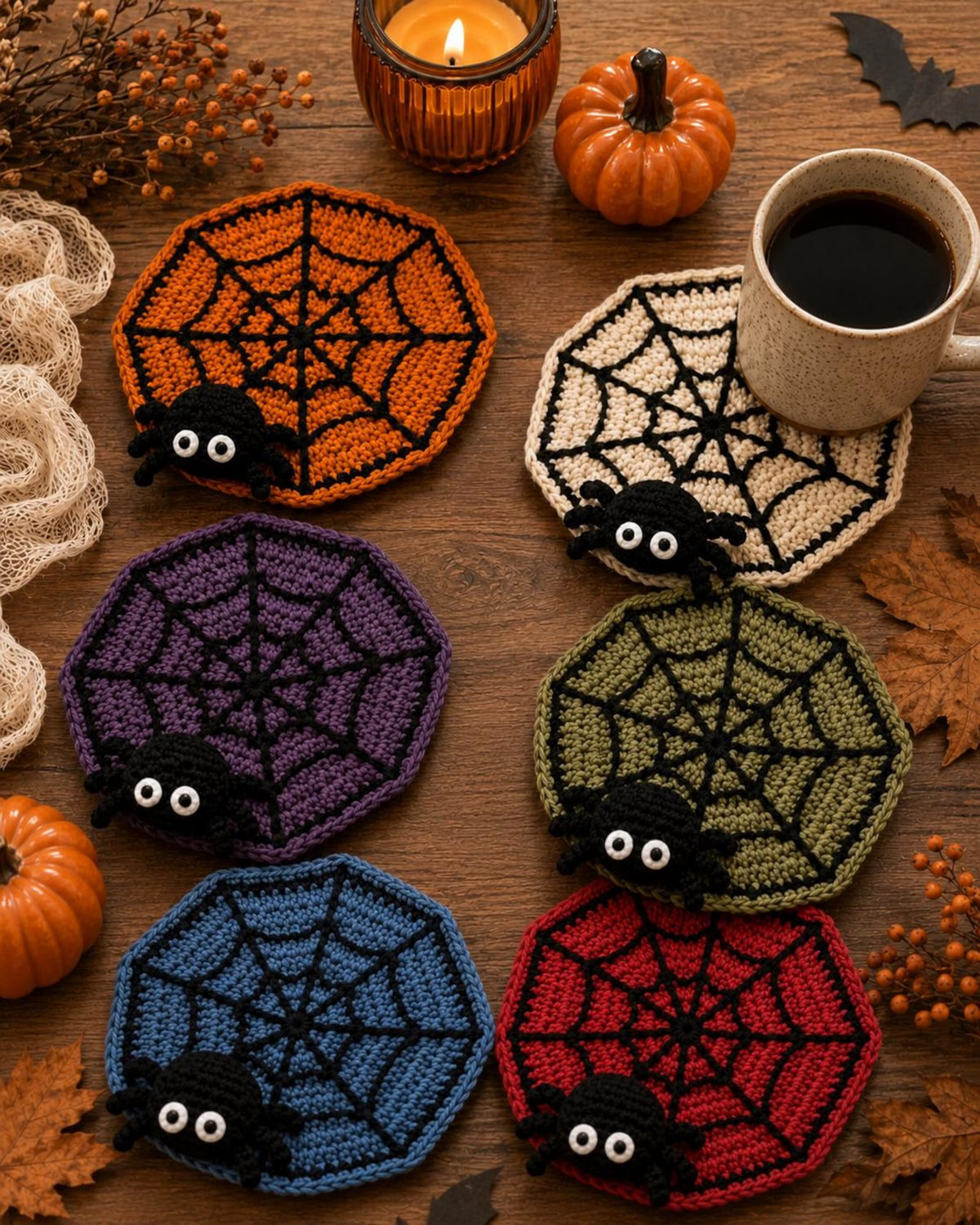 Halloween Crochet Spider Web Coaster,Spider Coaster with Cute Spider, Fall Home Decor,SpookyHalloween Table Decor, Handmade Spider Coasters,