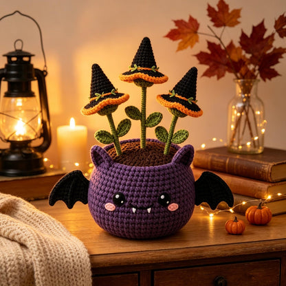 Handmade Crochet Halloween Bat Pot, Creepy Cute Flower Arrangement, Halloween Desk Decor, Gothic Home Decor, Thoughtful Spooky Gift