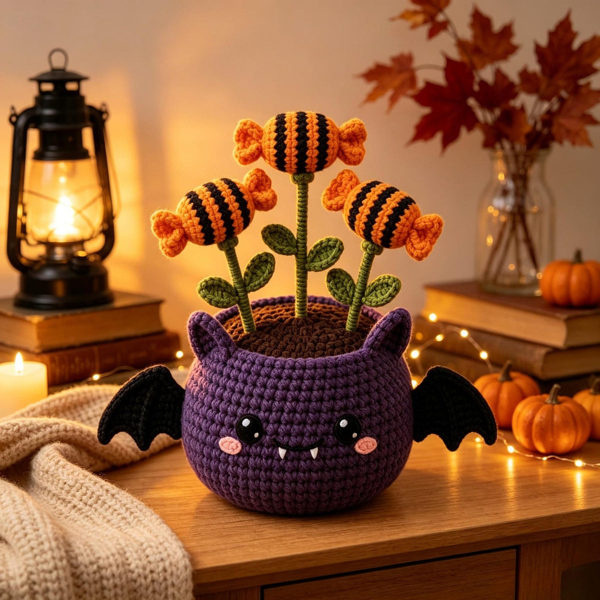 Handmade Crochet Halloween Bat Pot, Creepy Cute Flower Arrangement, Halloween Desk Decor, Gothic Home Decor, Thoughtful Spooky Gift