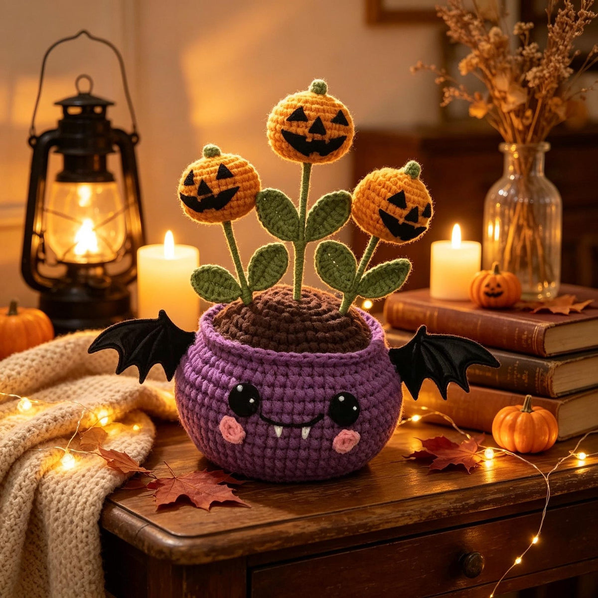 Handmade Crochet Halloween Bat Pot, Creepy Cute Flower Arrangement, Halloween Desk Decor, Gothic Home Decor, Thoughtful Spooky Gift
