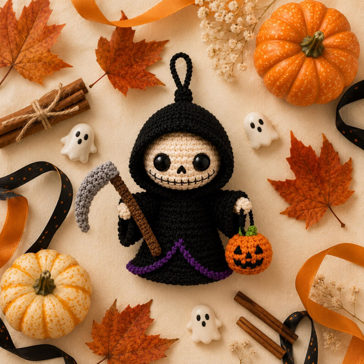 Handmade Crochet Grim Reaper Car Charm, Halloween Rearview Mirror Hanging, Cute Gothic Plush Ornament, Spooky Car Decor, Halloween Lovers