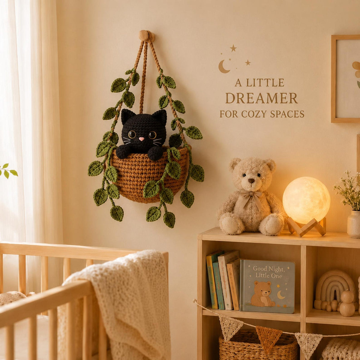 Crochet Cat Wall Hanging, Handmade Calico Cat Hanging Basket, Cute Nursery Decor, Cat Lover Gift, Housewarming Gift, Cat Lover Gift