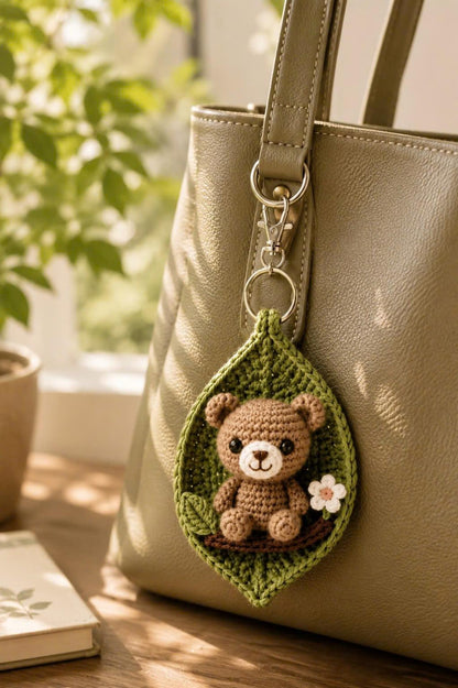 Crochet Animal Leaf Keychain, Owl Cow Tiger Bear Bag Charm, Handmade Car Charm, Cute Woodland Gift, Animal Lover Gift