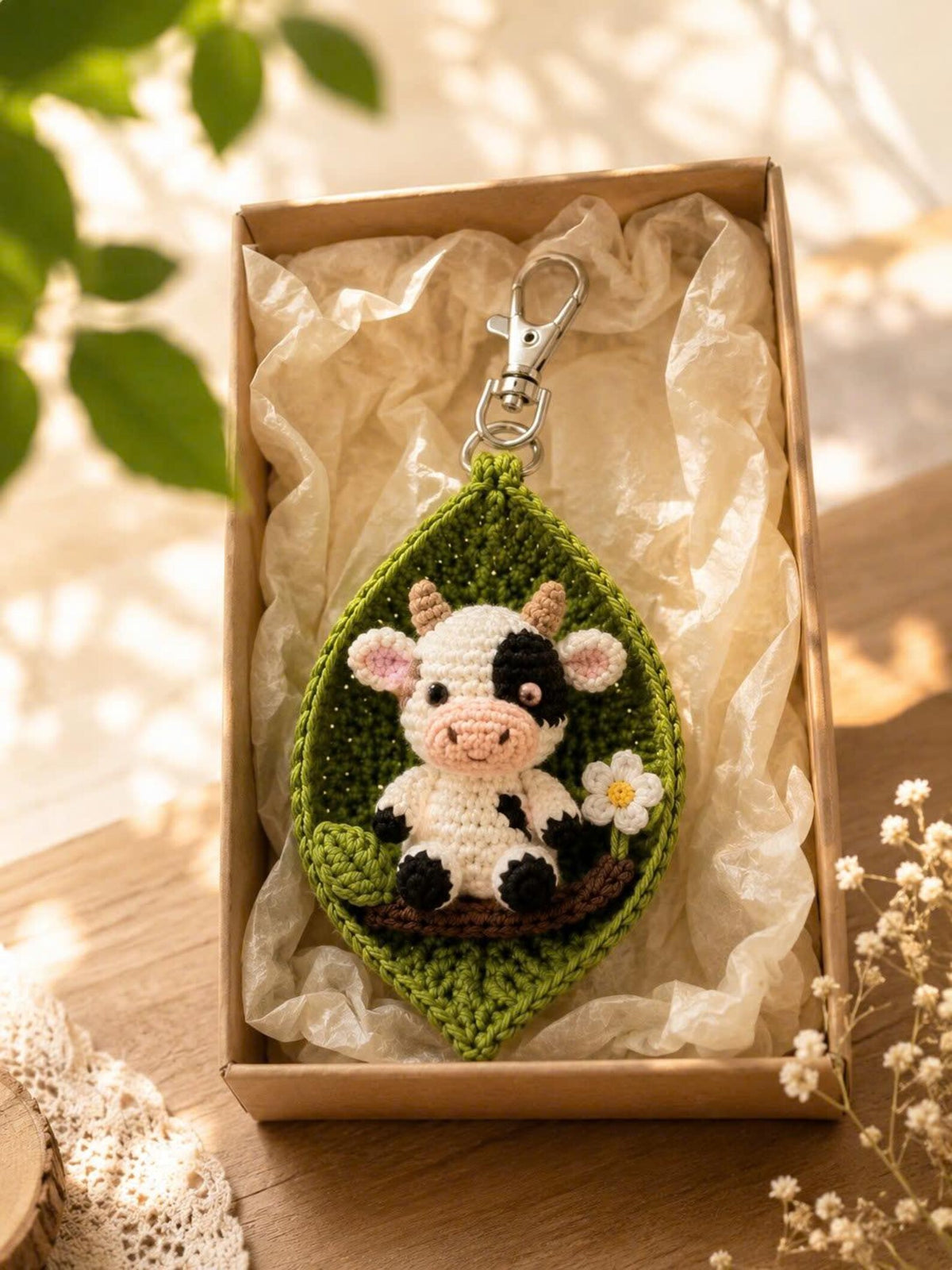 Crochet Animal Leaf Keychain, Owl Cow Tiger Bear Bag Charm, Handmade Car Charm, Cute Woodland Gift, Animal Lover Gift