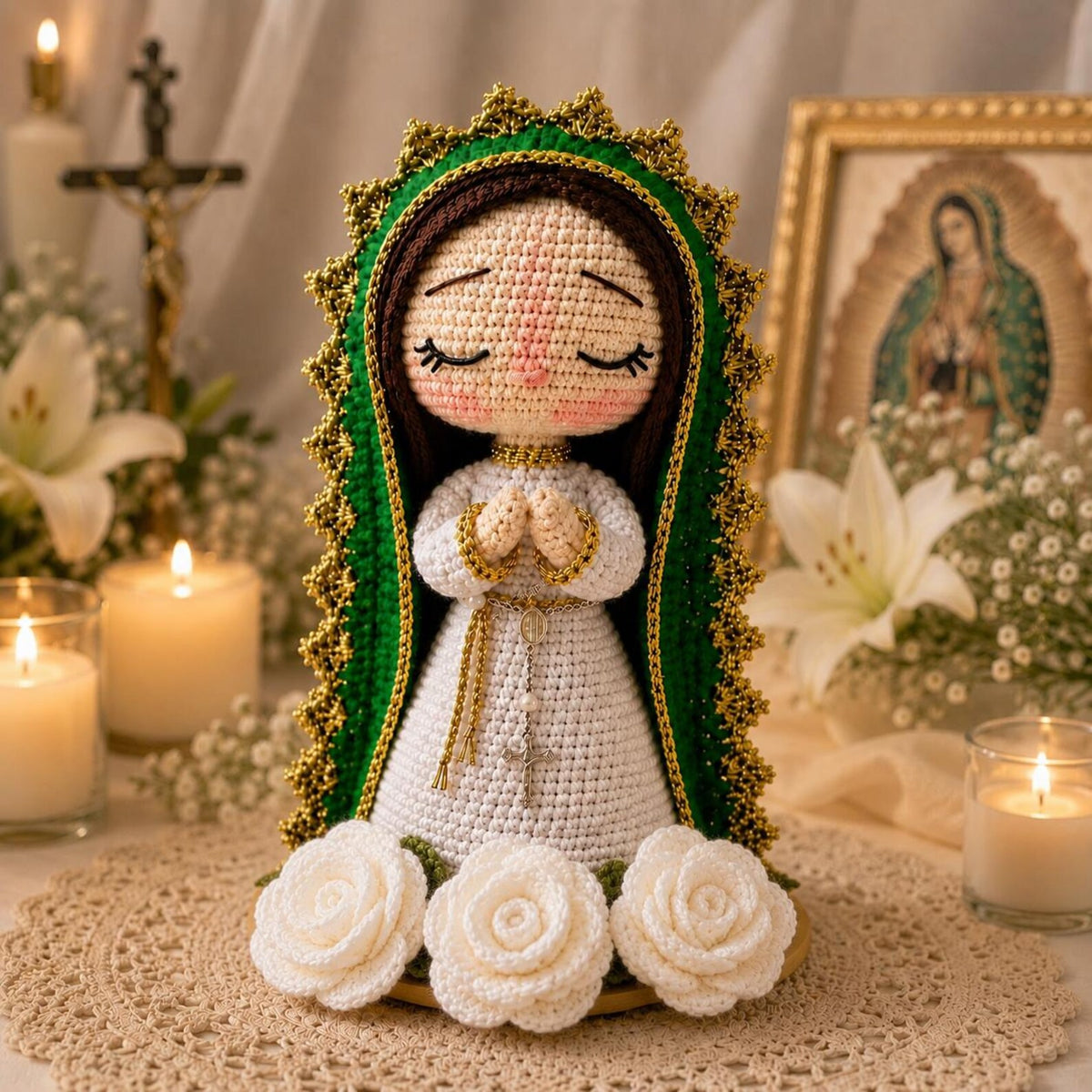 Handmade Our Lady Of Guadalupe Crochet Doll, Virgin Mary Amigurumi, Catholic Gift, Religious Home Altar Decor, Christian Prayer Statue