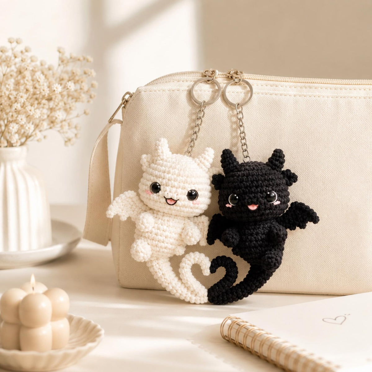 Handmade Crochet Dragon Keychain, Black & White Dragon Charm, Couple Gift, Cute Bag Charm, Anniversary Gift, Fantasy Plush Keychain