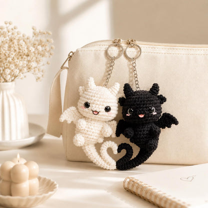 Handmade Crochet Dragon Keychain, Black & White Dragon Charm, Couple Gift, Cute Bag Charm, Anniversary Gift, Fantasy Plush Keychain