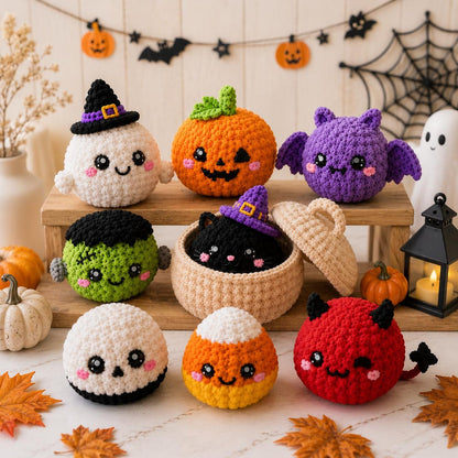Halloween Crochet Bao Buns – Handmade Amigurumi Pumpkin, Ghost, Bat, Cat & Devil Plushies, Crochet Pumpkin Steamer, Handmade Halloween Plush
