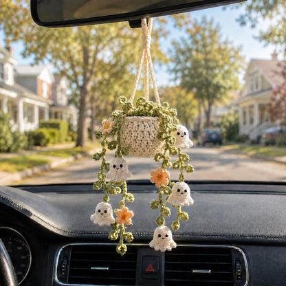 Crochet Halloween Ghost Plant Car Charm, Spooky Cute Car Mirror Hanging, Halloween Car Decor, Handmade Plant Car Accessory, Plant Lover Gift