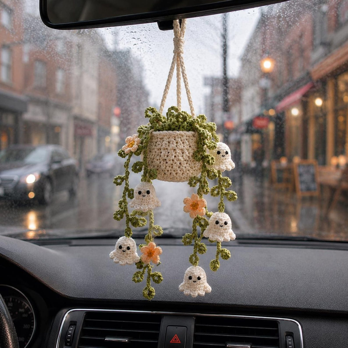 Crochet Halloween Ghost Plant Car Charm, Spooky Cute Car Mirror Hanging, Halloween Car Decor, Handmade Plant Car Accessory, Plant Lover Gift