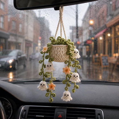 Crochet Halloween Ghost Plant Car Charm, Spooky Cute Car Mirror Hanging, Halloween Car Decor, Handmade Plant Car Accessory, Plant Lover Gift