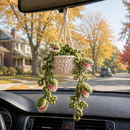 Halloween Crochet Venus Flytrap Car Hanging, Carnivorous Plant Car Charm, Spooky Cute Car Decor, Handmade Car Accessory, Plant Lover Gift