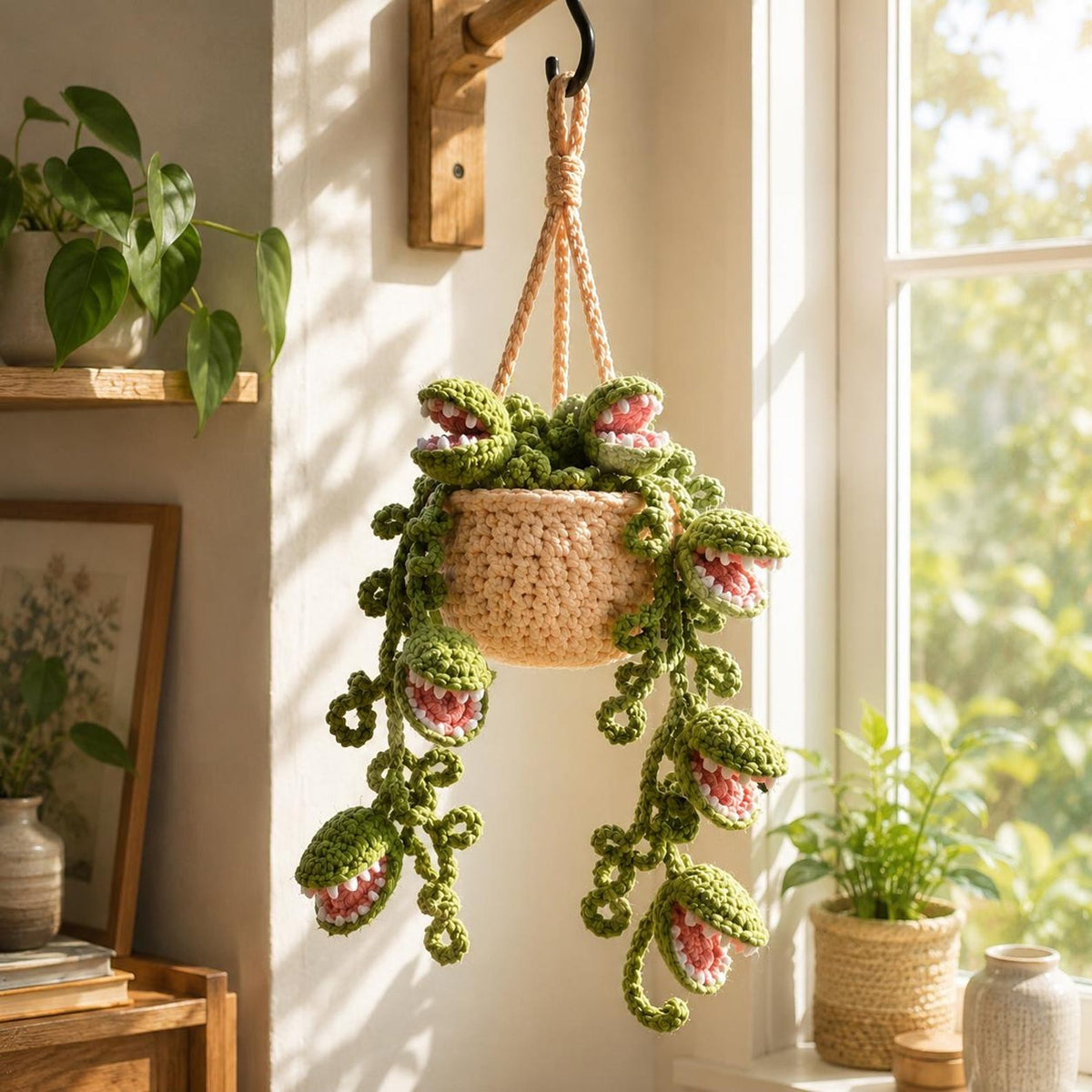 Halloween Crochet Venus Flytrap Car Hanging, Carnivorous Plant Car Charm, Spooky Cute Car Decor, Handmade Car Accessory, Plant Lover Gift