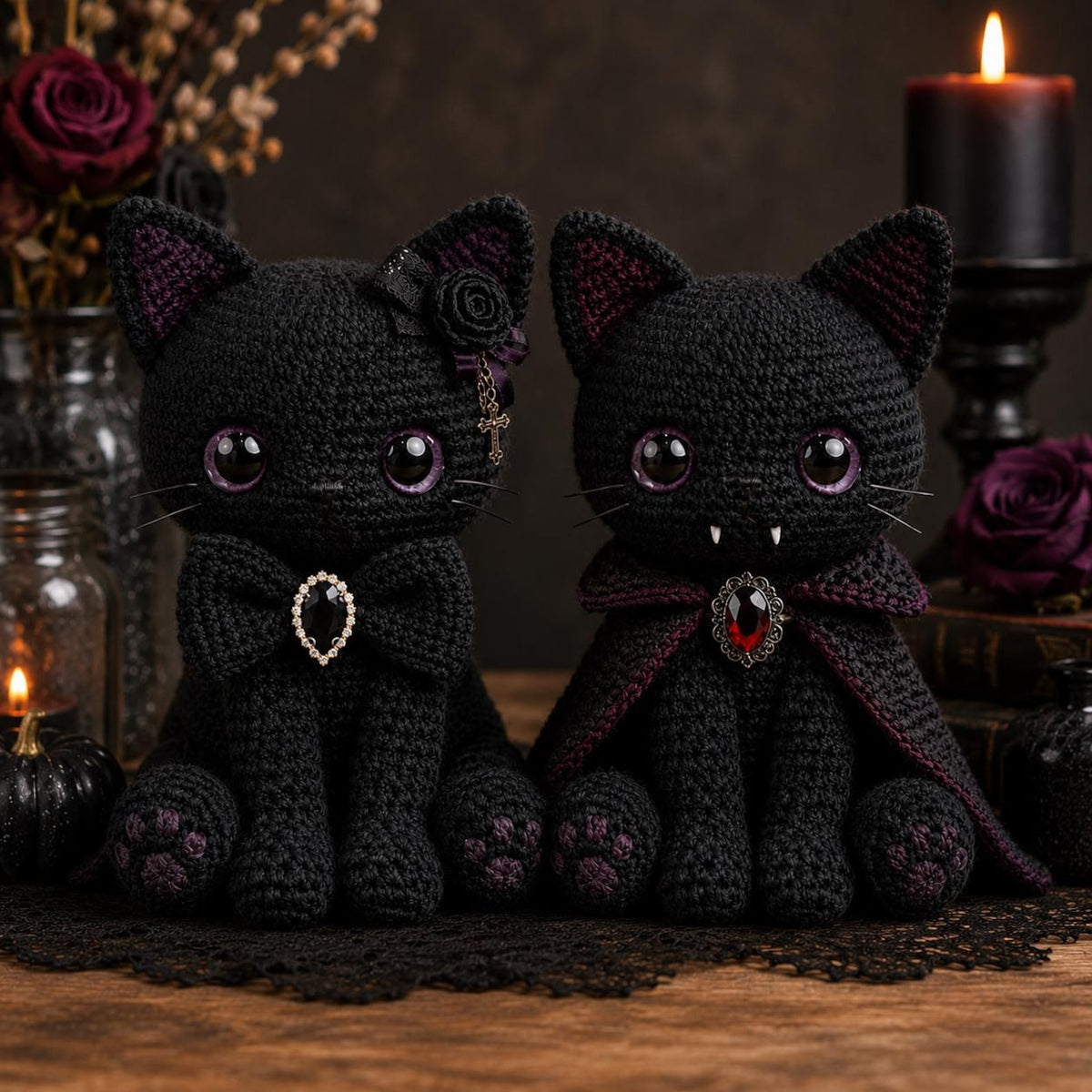 Crochet Black Cat Plush, Vampire Dracula Cat Amigurumi, Halloween Decor Spooky Cute Gothic Room Decor, Witch Familiar Creepy Kawaii Gift