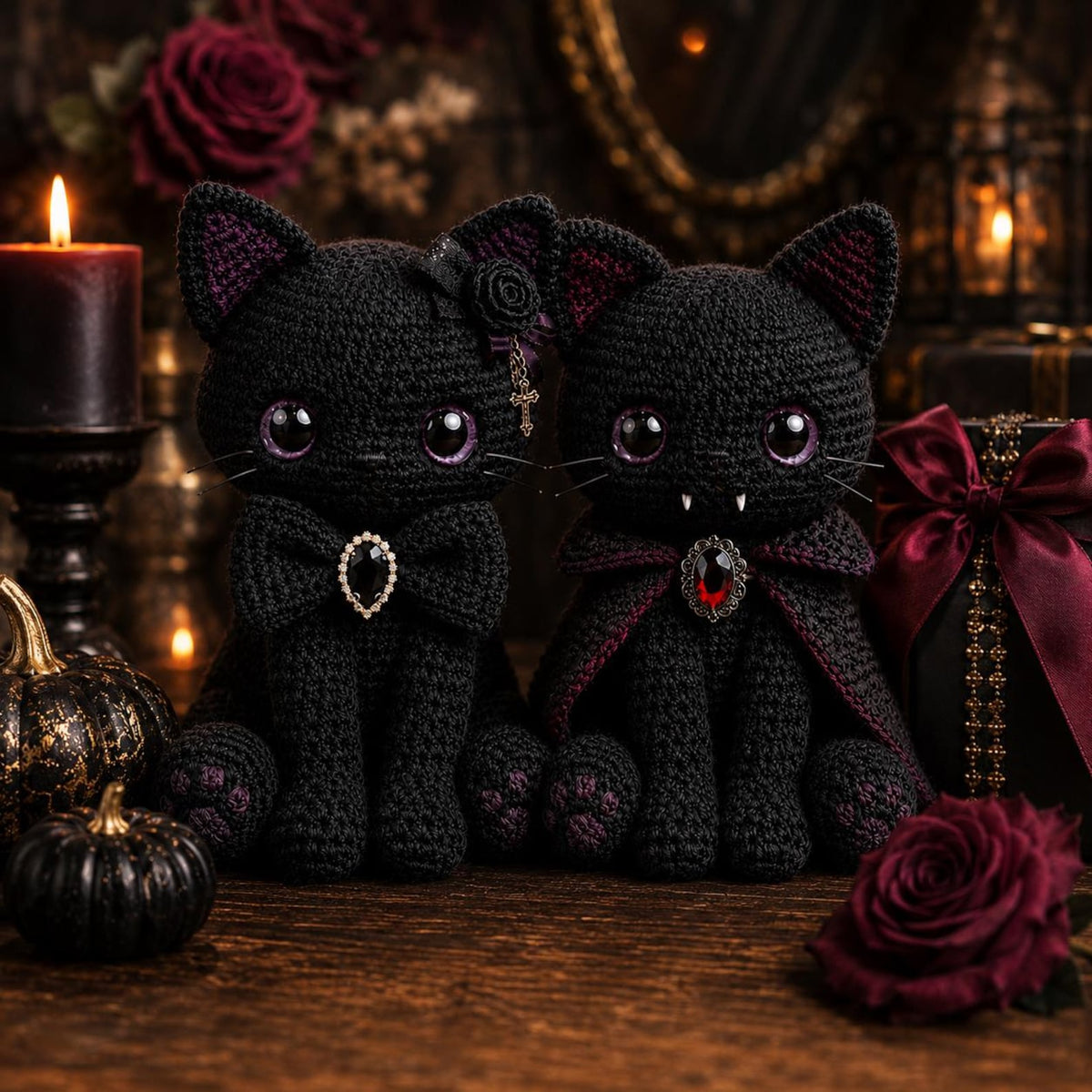 Crochet Black Cat Plush, Vampire Dracula Cat Amigurumi, Halloween Decor Spooky Cute Gothic Room Decor, Witch Familiar Creepy Kawaii Gift