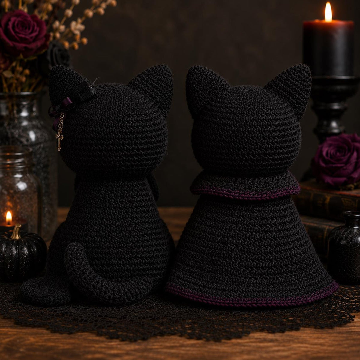 Crochet Black Cat Plush, Vampire Dracula Cat Amigurumi, Halloween Decor Spooky Cute Gothic Room Decor, Witch Familiar Creepy Kawaii Gift