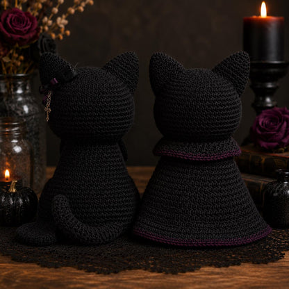 Crochet Black Cat Plush, Vampire Dracula Cat Amigurumi, Halloween Decor Spooky Cute Gothic Room Decor, Witch Familiar Creepy Kawaii Gift