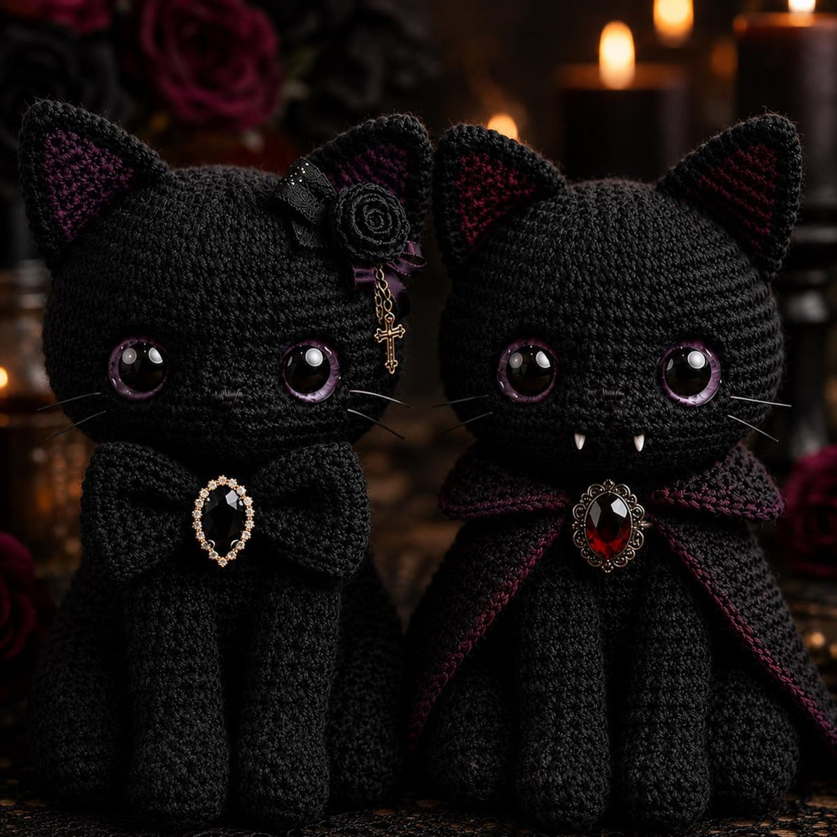 Crochet Black Cat Plush, Vampire Dracula Cat Amigurumi, Halloween Decor Spooky Cute Gothic Room Decor, Witch Familiar Creepy Kawaii Gift