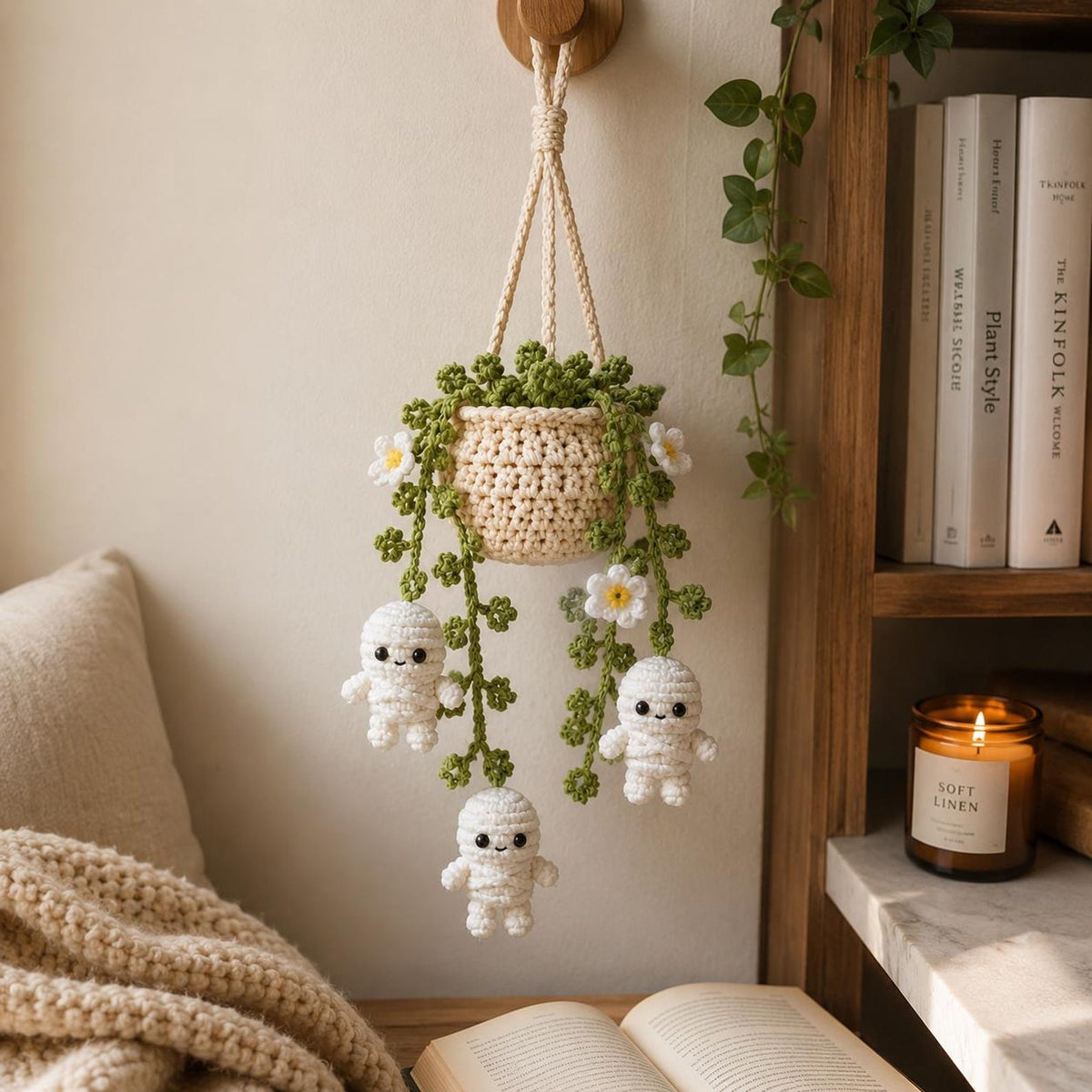 Halloween Mummy Daisy Plant Crochet Car Hanging, Halloween Car Charm, Spooky Cute Plant Car Ornament, Handmade Car Accessory