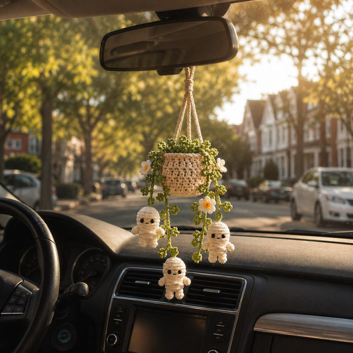 Halloween Mummy Daisy Plant Crochet Car Hanging, Halloween Car Charm, Spooky Cute Plant Car Ornament, Handmade Car Accessory