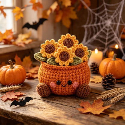 Handmade Crochet Pumpkin Flower Pot, Cute Fall Desk & Tiered Tray Decor, Halloween and Harvest Festival Gift for Coworker, Friend, Family