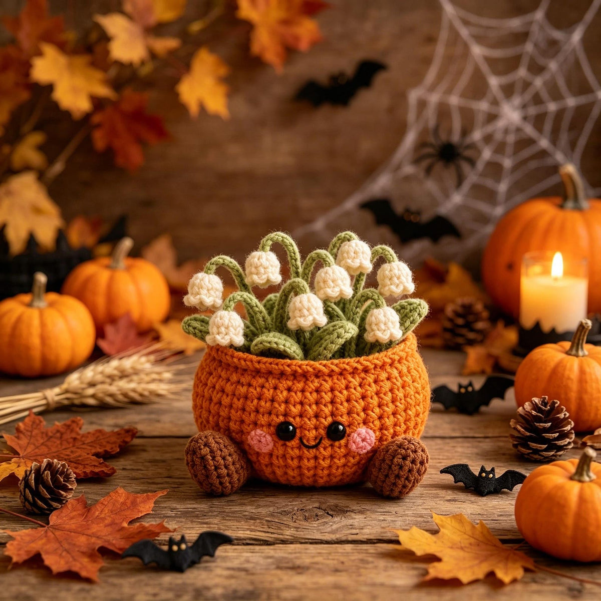 Handmade Crochet Pumpkin Flower Pot, Cute Fall Desk & Tiered Tray Decor, Halloween and Harvest Festival Gift for Coworker, Friend, Family