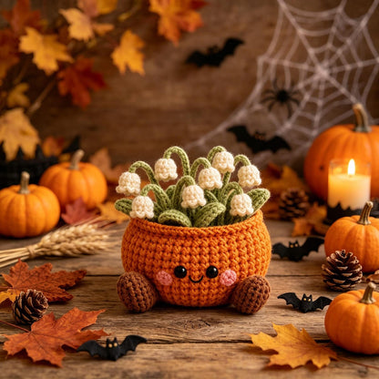 Handmade Crochet Pumpkin Flower Pot, Cute Fall Desk & Tiered Tray Decor, Halloween and Harvest Festival Gift for Coworker, Friend, Family