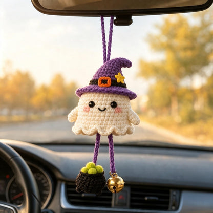 Handmade Crochet Halloween Ghost Car Hanging Ornament, Cute Spooky Car Accessory, Halloween Gift for Drivers, Friends and Coworkers