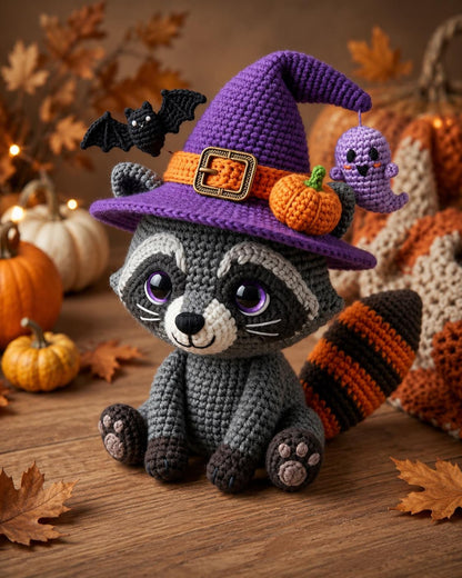 Crochet Witch Raccoon Amigurumi Plush, Halloween Raccoon with Witch Hat, Spooky Cute Ghost Bat Pumpkin Charm, Autumn Halloween Gift