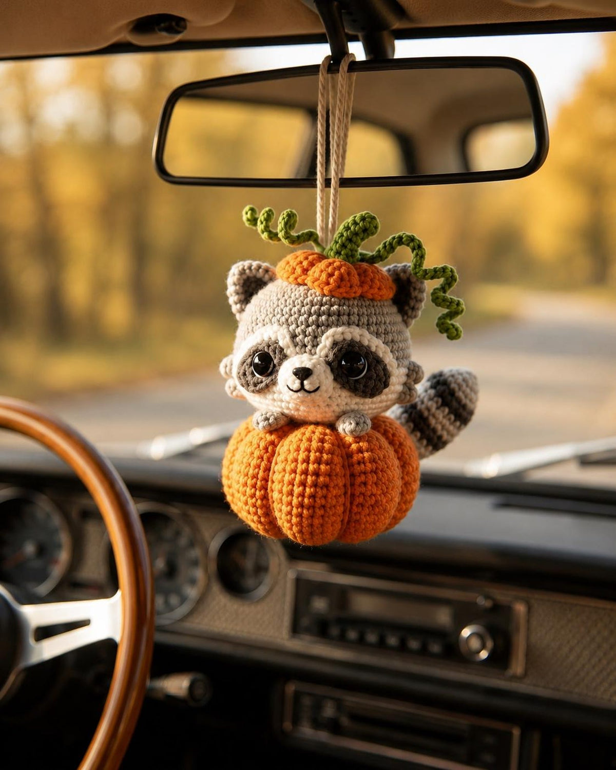 Cute Chubby Pumpkin Raccoon Crochet Car Hanging Accessory, Halloween Rearview Mirror Charm, Cute Raccoon Car Decor, Spooky Gift for Driver